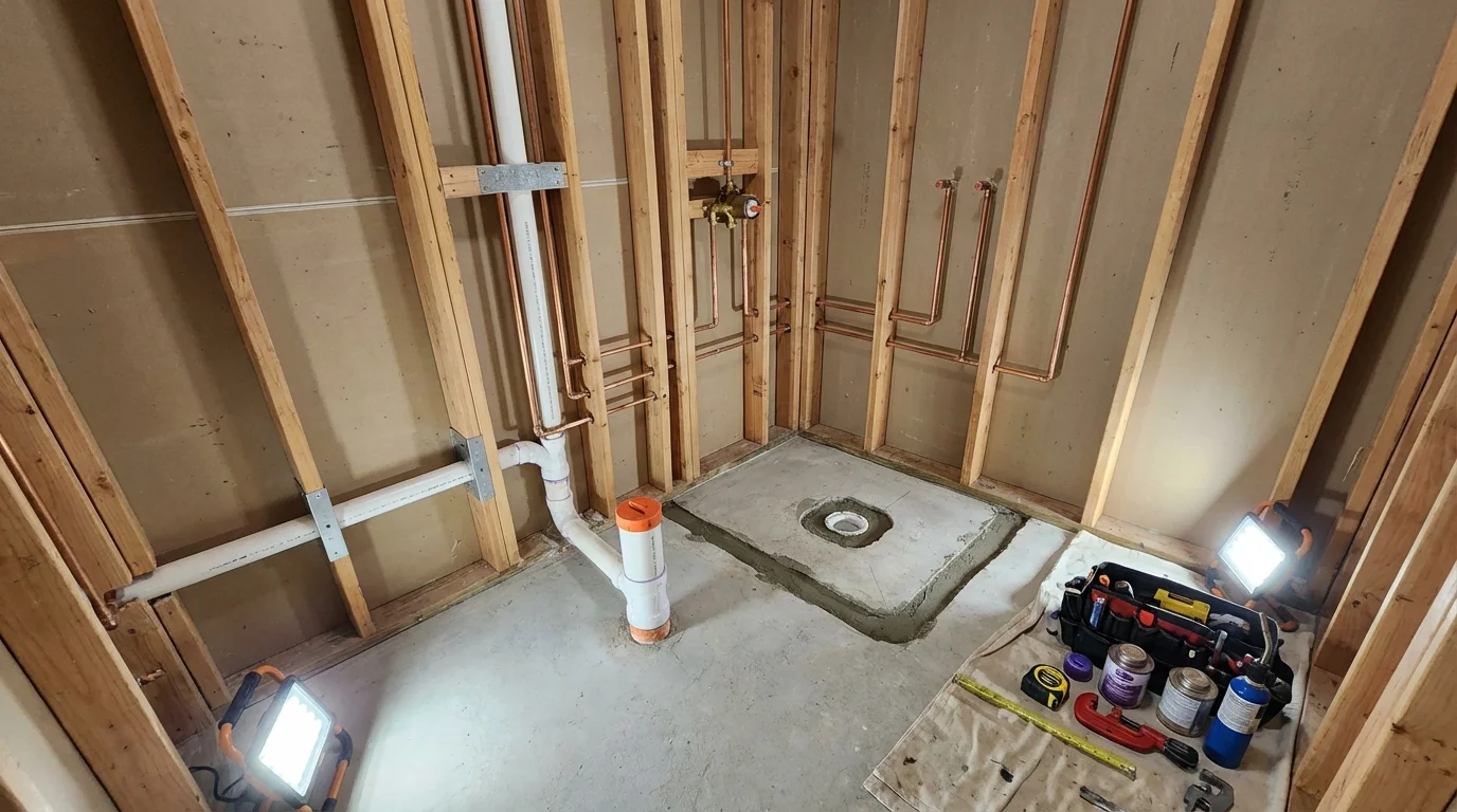 Bathroom rough-in plumbing during remodel by Johns Plumbing LLC in Shingletown