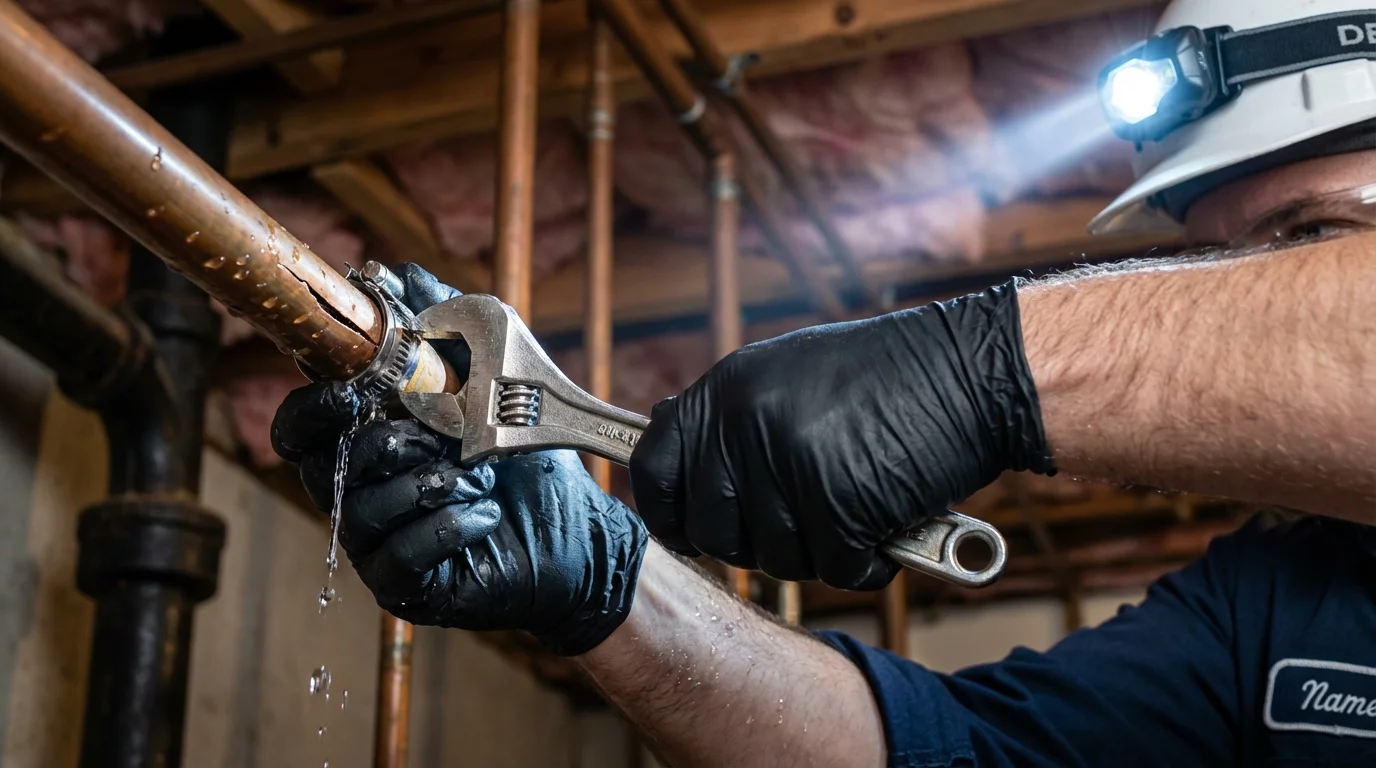 Emergency pipe clamp repair being performed by a Johns Plumbing LLC plumber in Shingletown